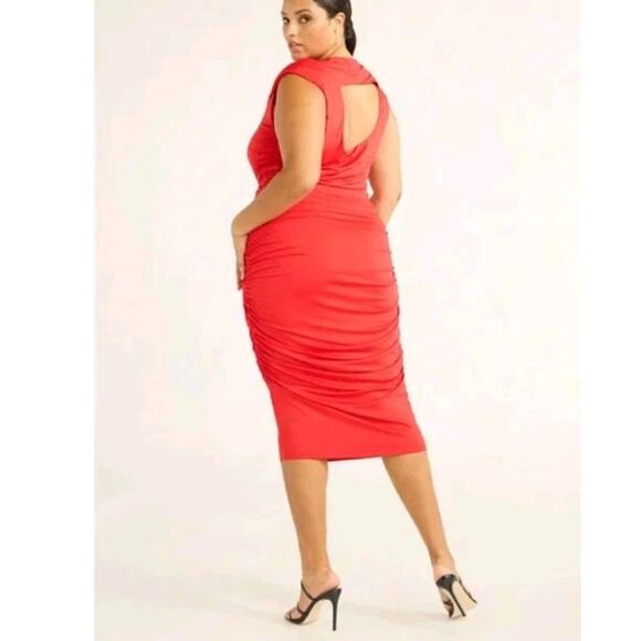 Sofia Vergara Red Ruched Dress Bodycon Midi Sheath Cut Out Women XL Stretch plus - Picture 2 of 13